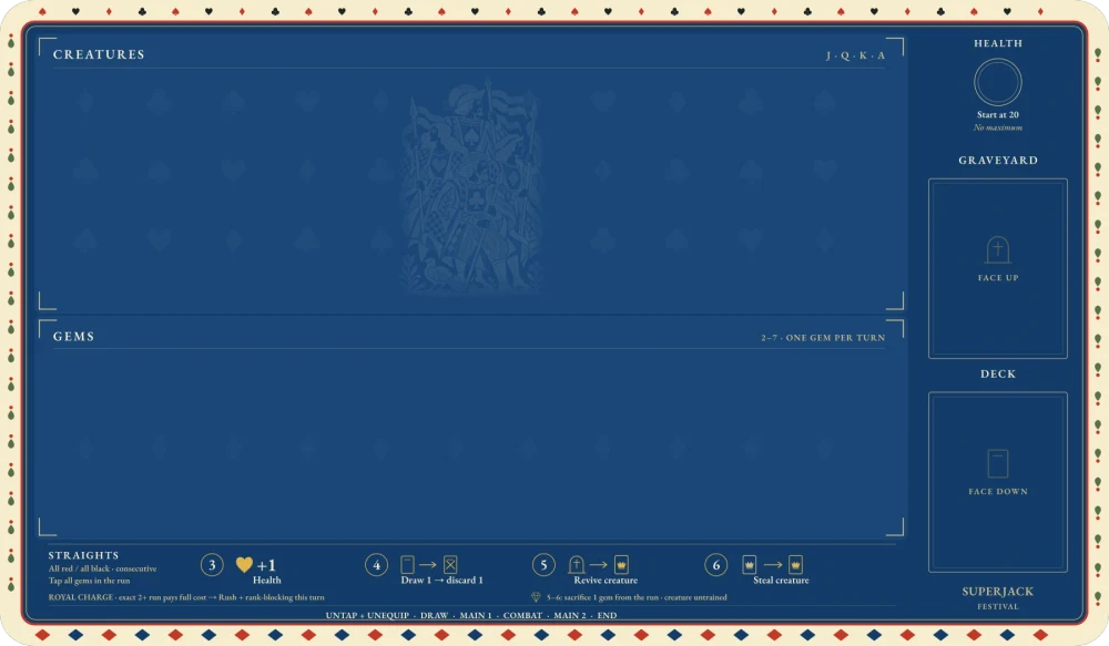 Festival playing mat design preview with a blue field, health markers, and a straight reference