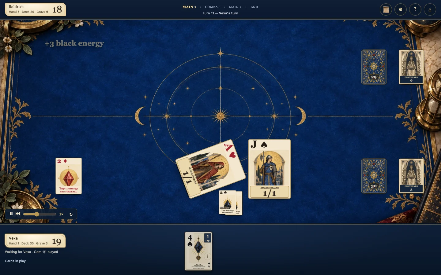 An actual Superjack match in the browser, with creatures, gems, and both players’ health