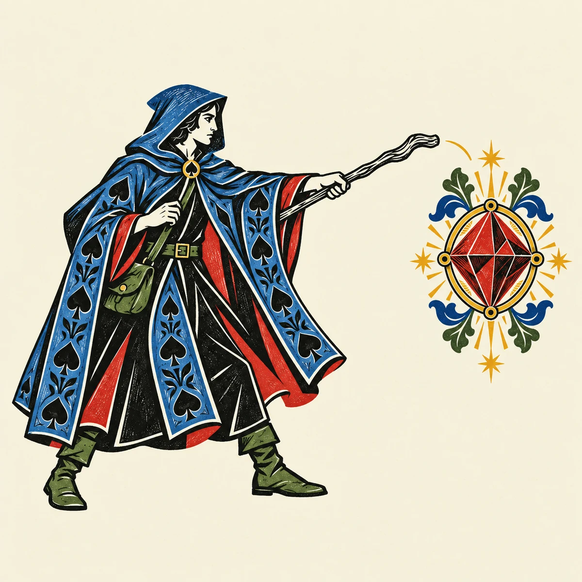 The blue-cloaked Ace of Spades points a staff at an intact red memory gem, before the effect resolves.