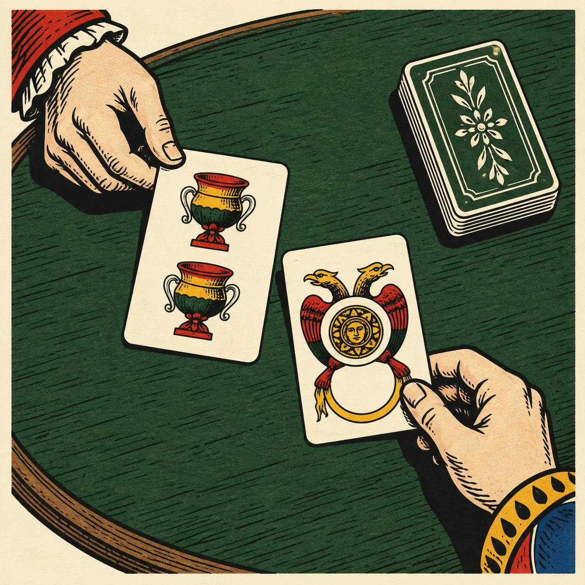 Two hands play a two of cups and an eagle-decorated Ace of Coins beside a small deck.