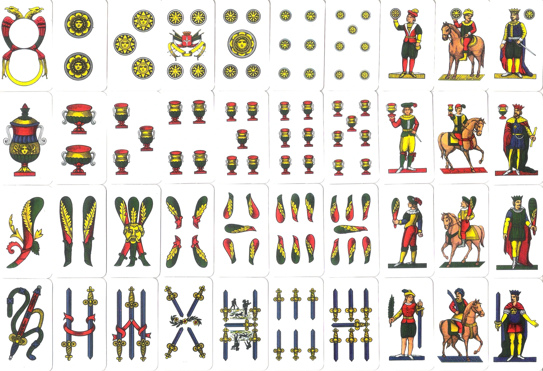 All forty Napoletane cards in four rows: coins, cups, batons, and swords. Each row runs from Ace to seven, then knave, knight, and king.
