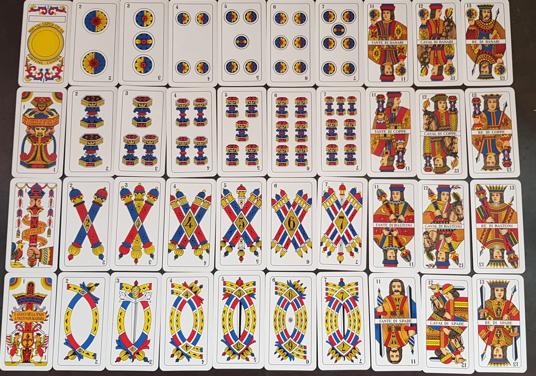 All forty Triestine cards in four rows: coins, cups, batons, and swords. Each row runs from Ace to seven, then knave, knight, and king.