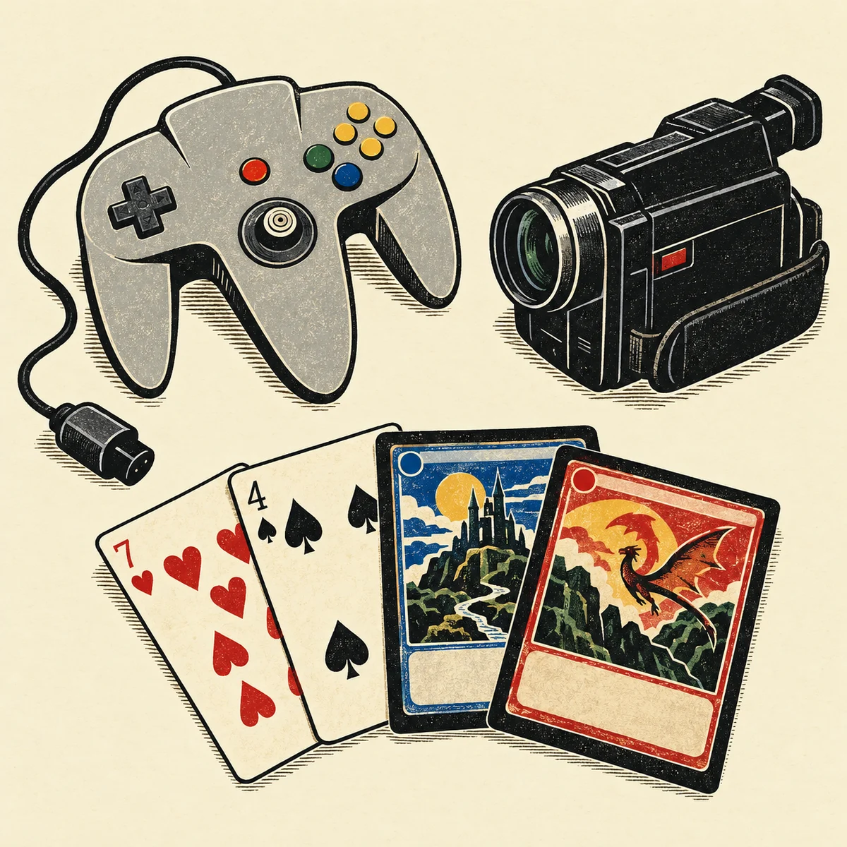 An illustrated still life of playing cards, a Nintendo 64 controller, and a VHS-C camcorder.