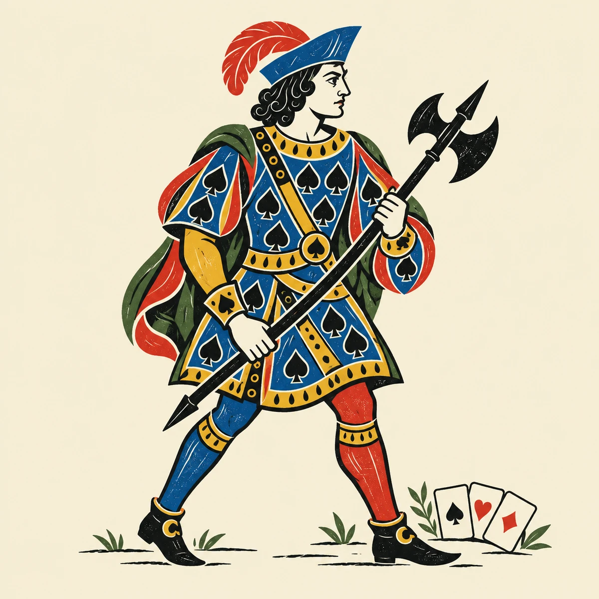 The Festival Jack of Spades steps forward with his poleaxe, beside a small fan of ordinary playing cards.