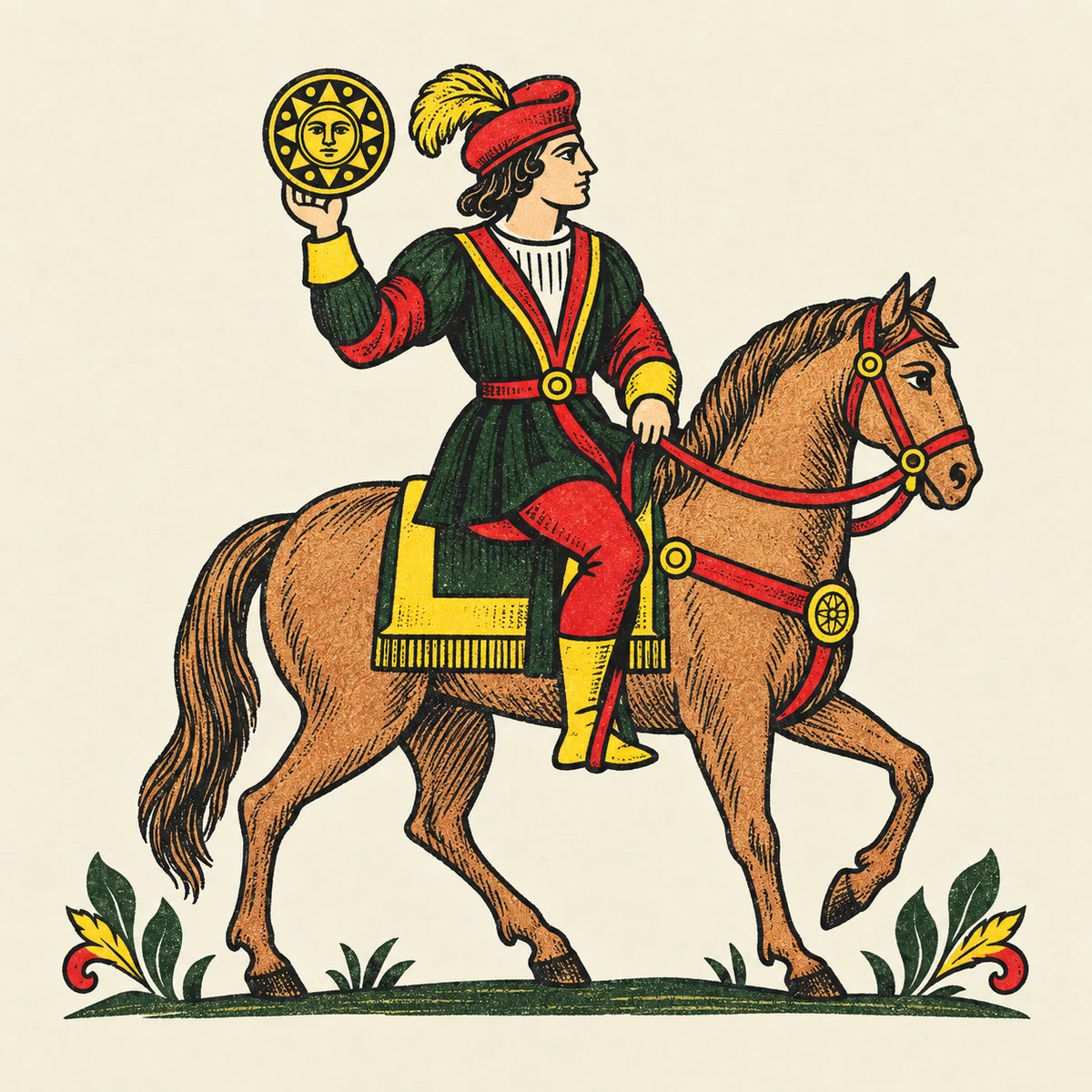 An illustrated Neapolitan knight in a red cap rides a brown horse, holding up a gold coin.