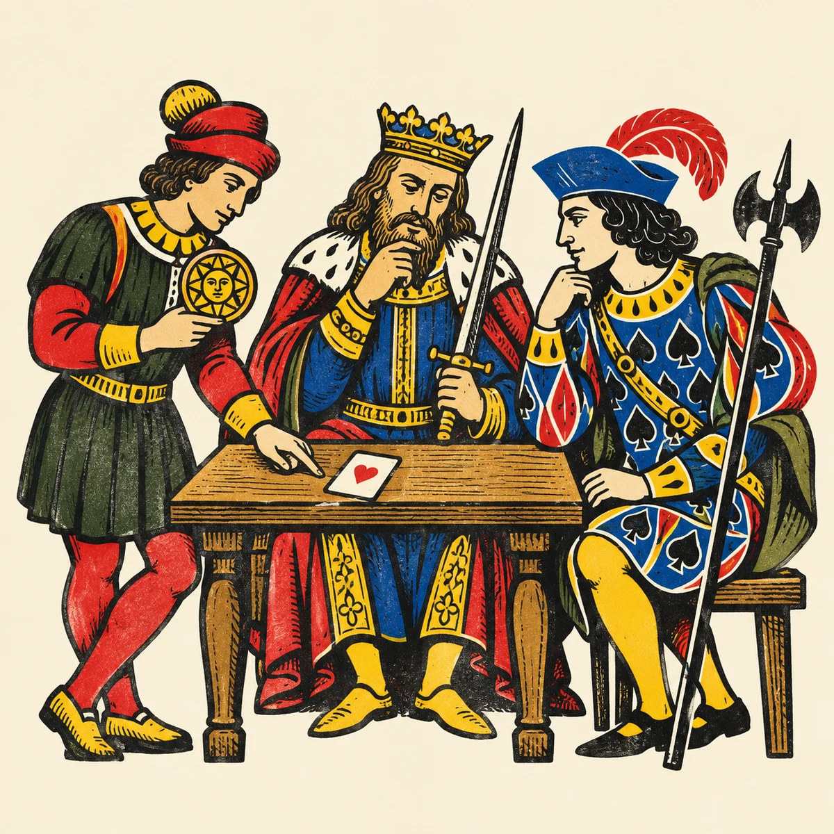 Three illustrated court figures from different playing-card traditions study a heart card together.