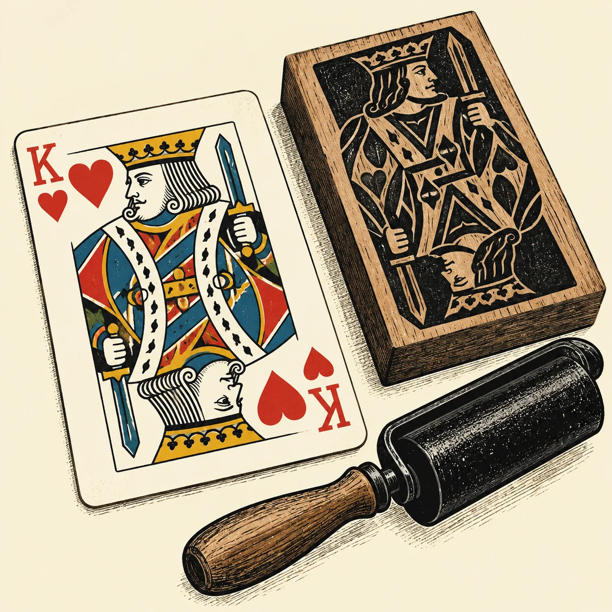 An illustrated King of Hearts card, a carved court-card printing block, and an ink roller.