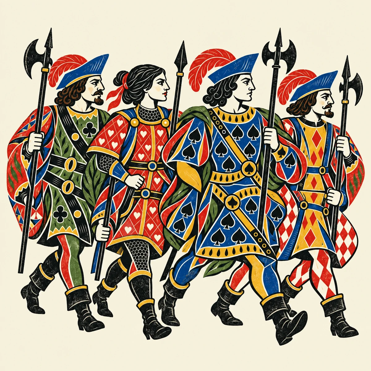 The four Festival Jacks, in their different suit patterns, join shoulder to shoulder in one formation.