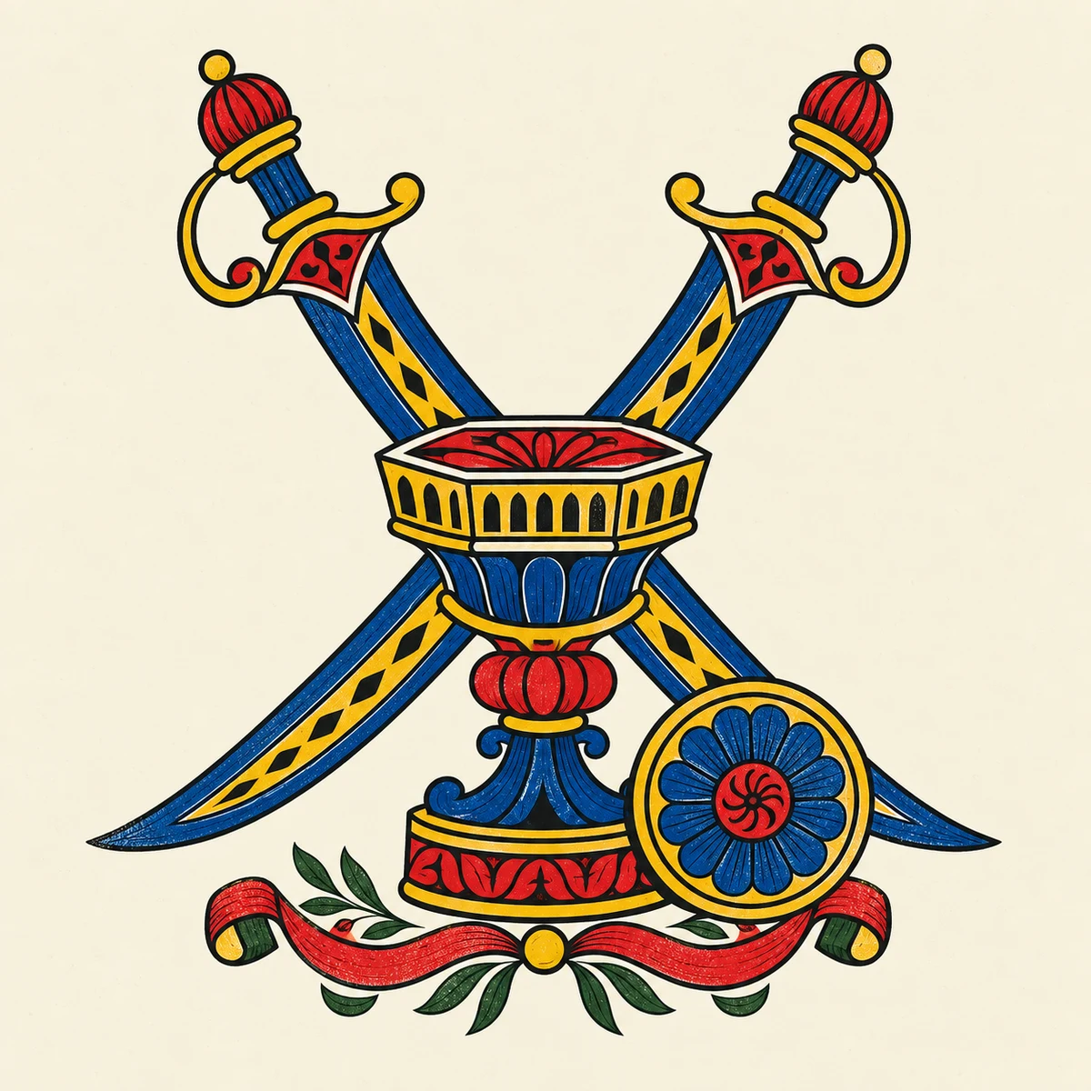 Two curved blue swords cross behind an ornate red-and-blue cup and a floral coin medallion.