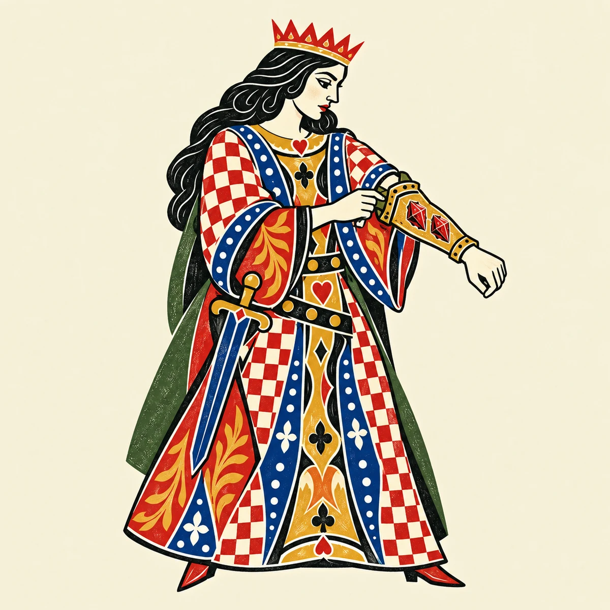 The Festival Queen of Hearts fastens an armguard carrying two matching red gems.